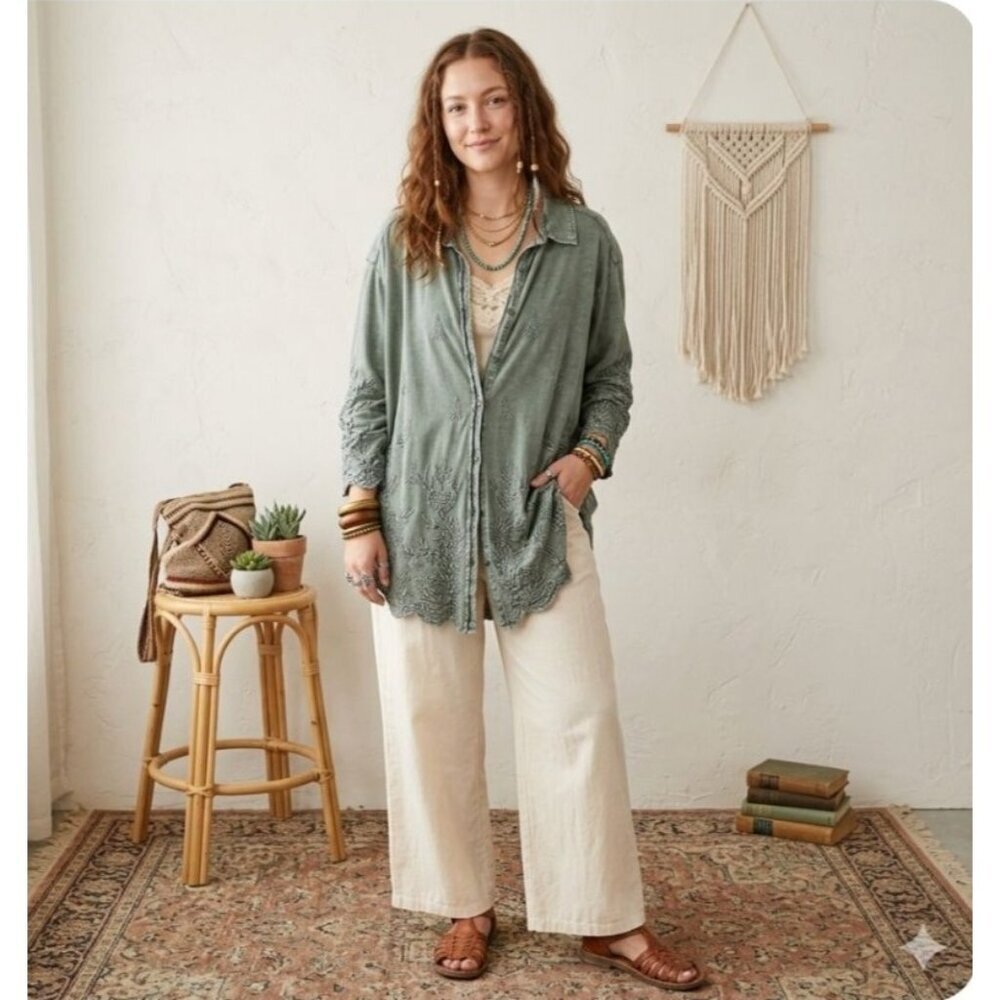 Caite Shirt 3X Olive Green Embroidered Button Down 100% Cotton Handmade Boho